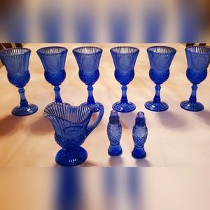 Antique 1976 Cobalt Blue George Washington Coin Goblets, Creamer, Salt & Pepper